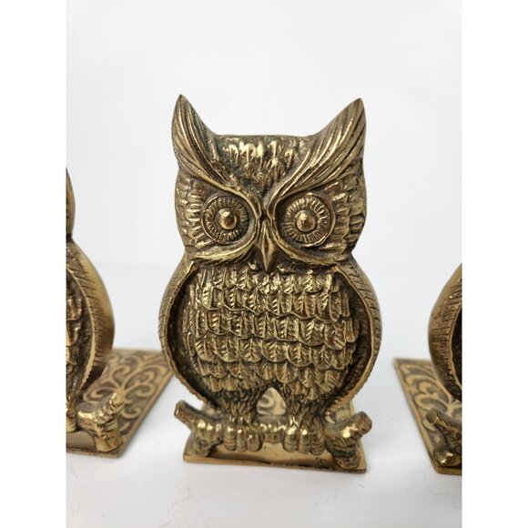 Vintage Brass Style Metal MCM Owl Bookends Three Gold Tone Boho Hippie Korea - Picture 13 of 16